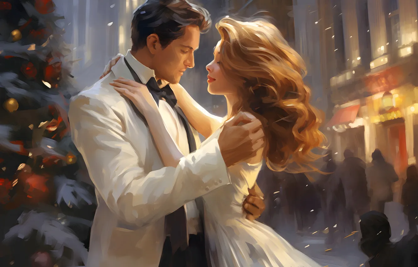 Photo wallpaper girl, people, tree, new year, home, dress, Christmas, male