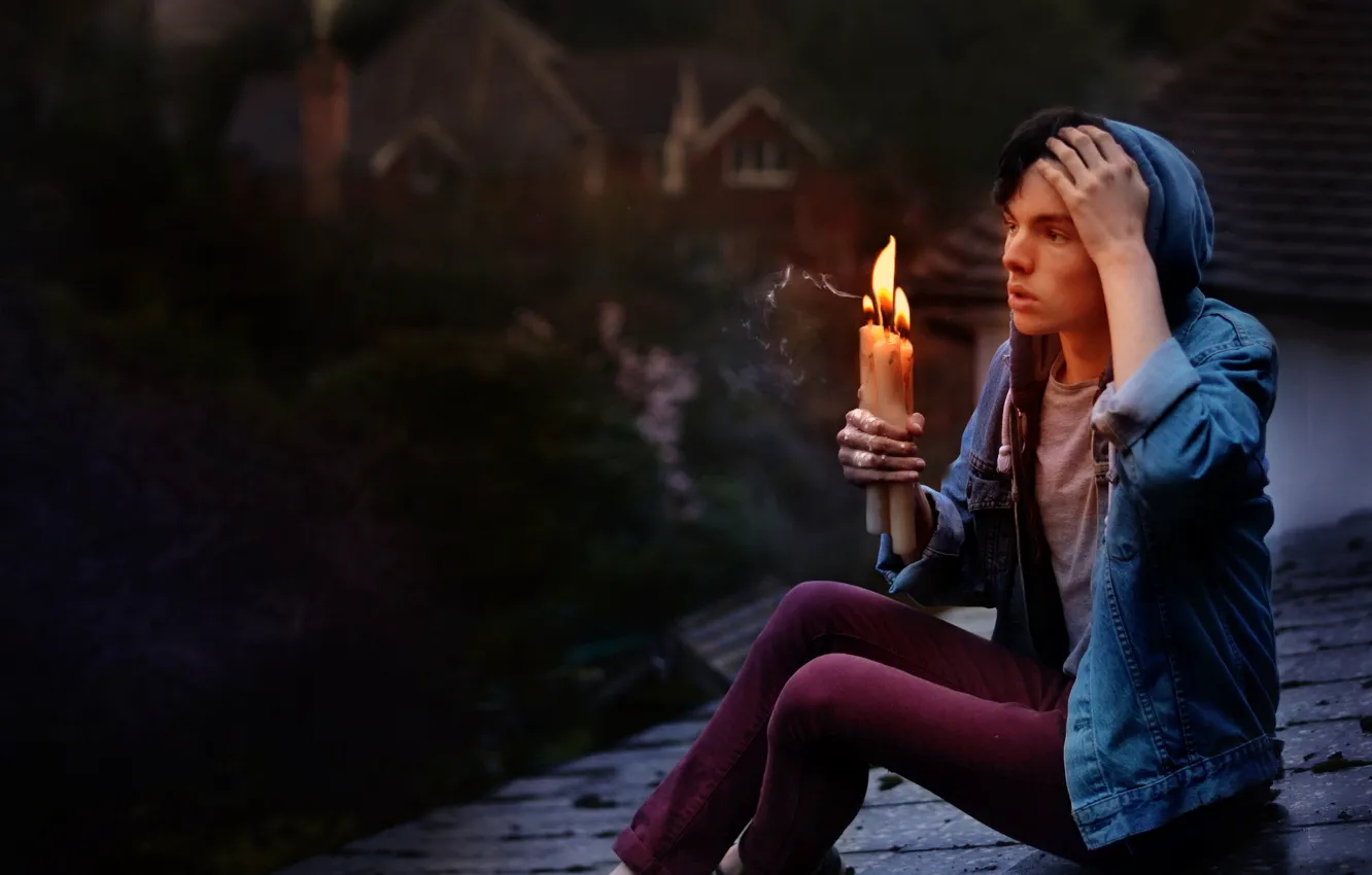 Photo wallpaper roof, background, candles, guy