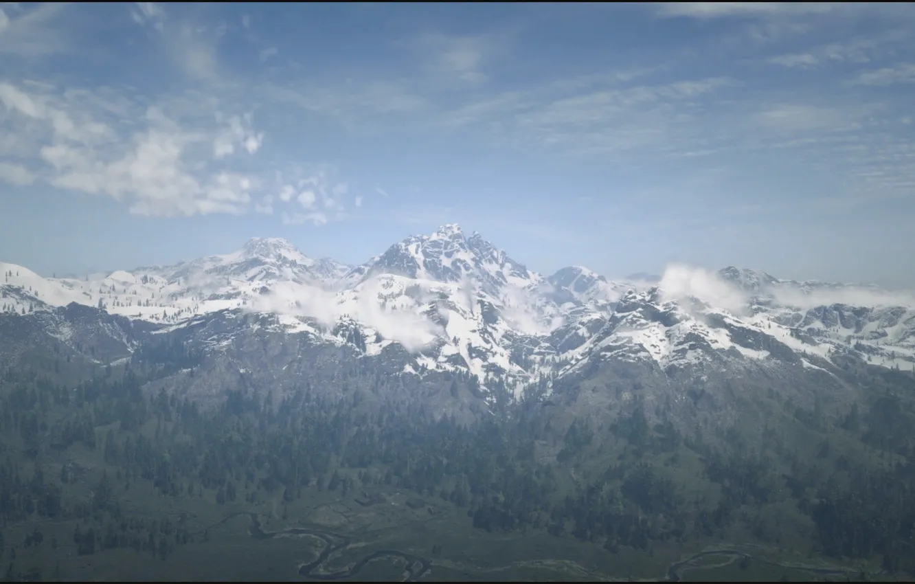 Photo wallpaper game, river, sky, trees, wood, heaven, clouds, mountain