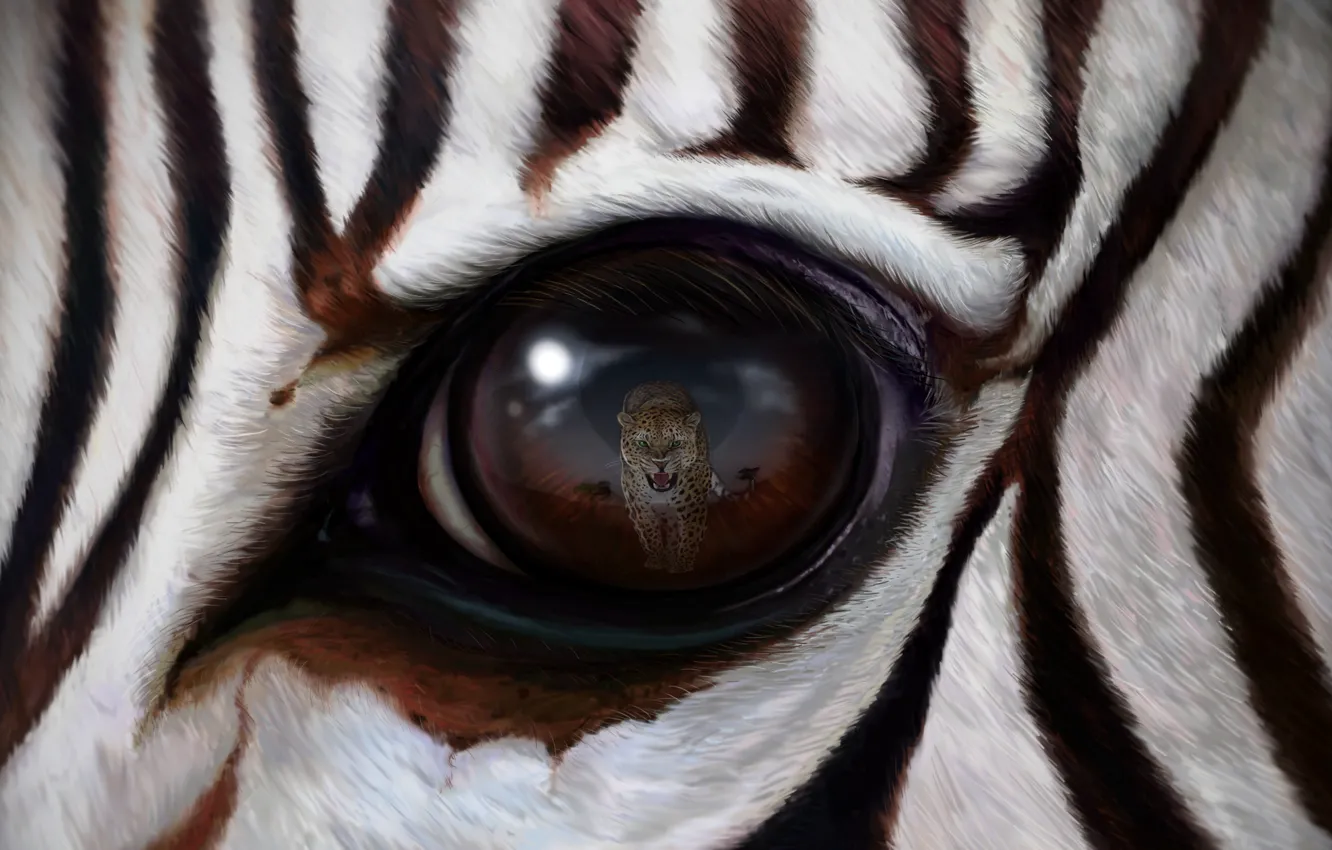 Photo wallpaper wallpaper, leopard, art, predator, eye, reflection, rendering, zebra
