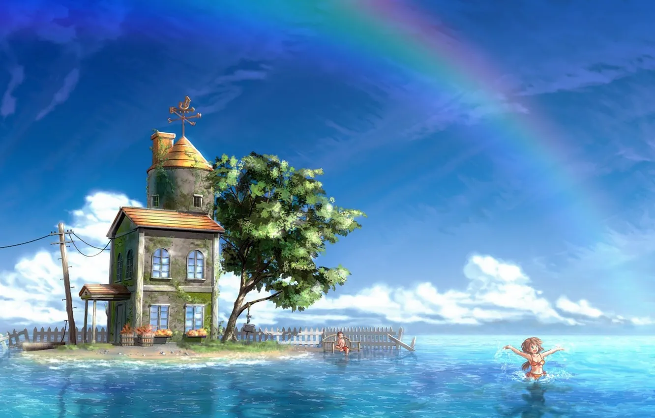 Photo wallpaper sea, figure, island, rainbow, house