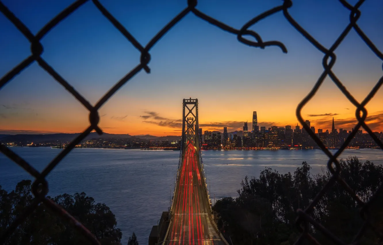 Photo wallpaper sunset, bridge, CA, Bay, San Francisco, night city, California, San Francisco