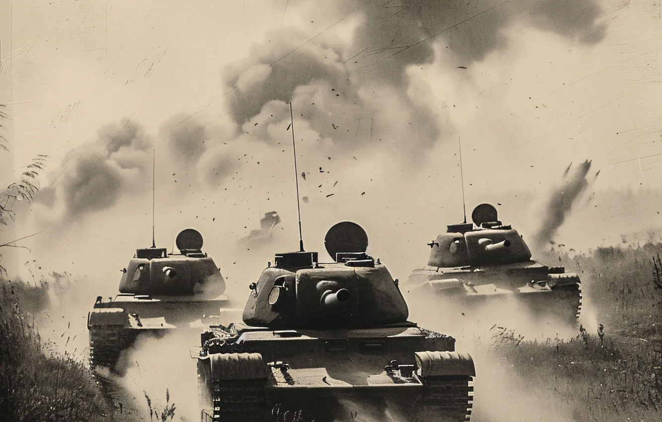 Photo wallpaper retro, smoke, dust, tank, black and white, front, digital art, AI art