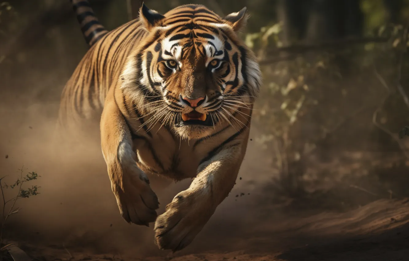 Photo wallpaper look, tiger, predator, dust, running, big cat, digital art, AI art