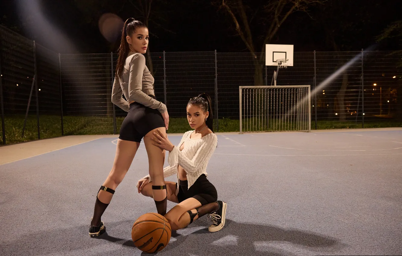 Photo wallpaper ass, legs, ponytail, women, brunette, kneeling, Pornstar, Two Women