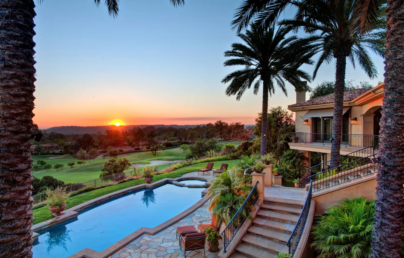 Photo wallpaper palm trees, Villa, pool, morning, architecture, resort, terrace, dusk
