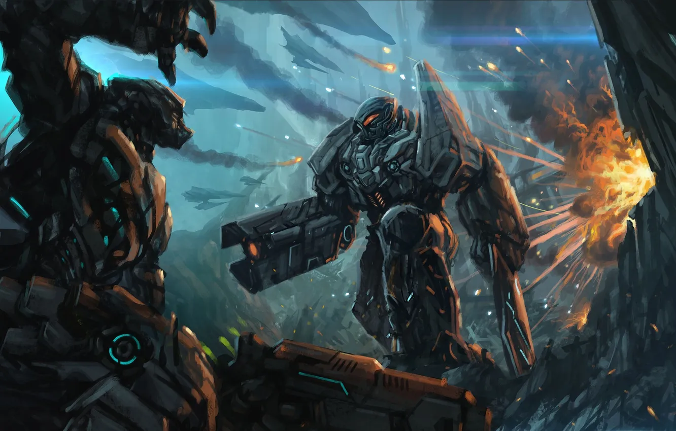 Photo wallpaper weapons, robot, shot, art, battle, Alonzo Emata