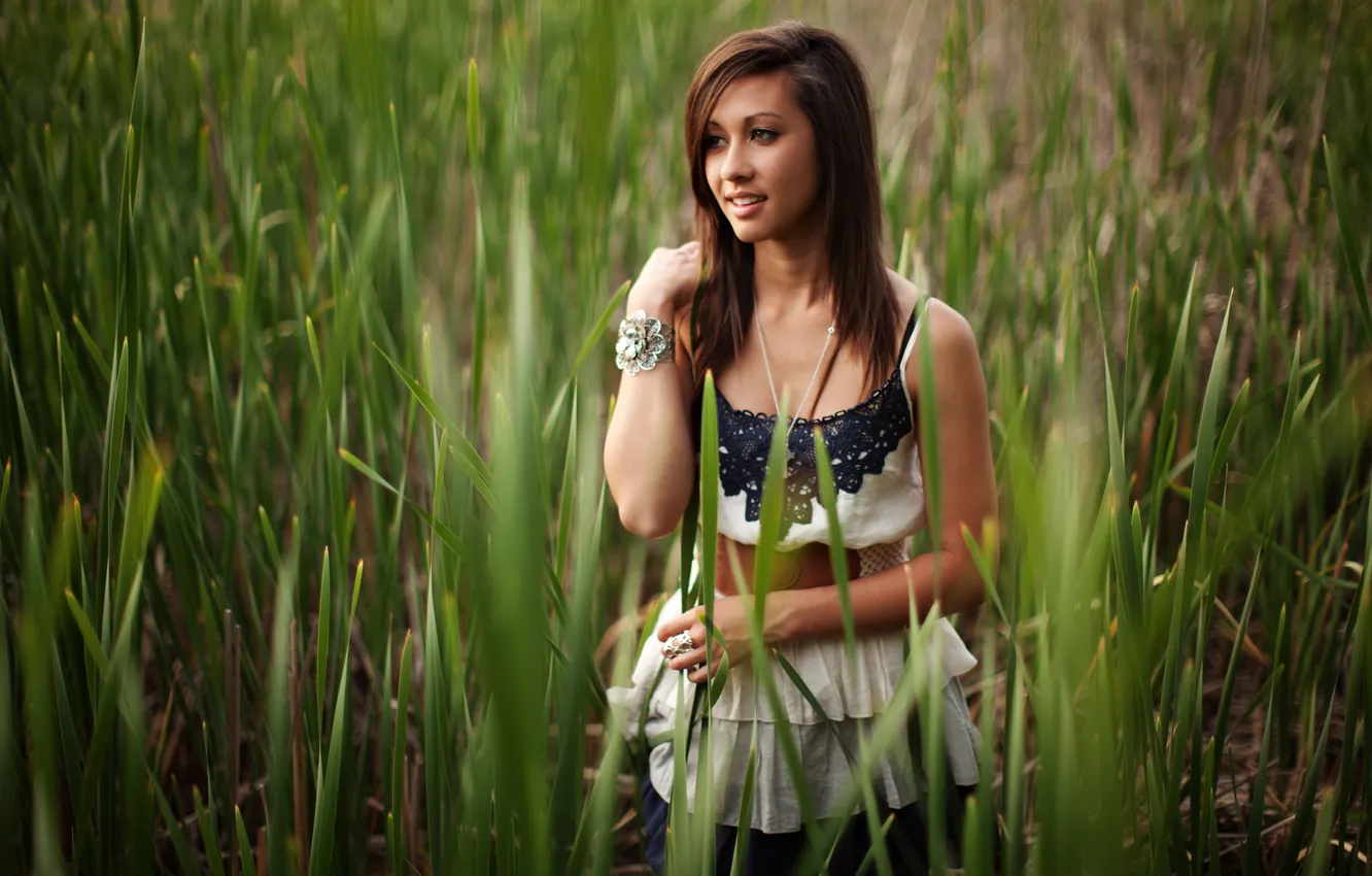 Photo wallpaper grass, girl, nature, face, smile, background, Wallpaper, brown hair