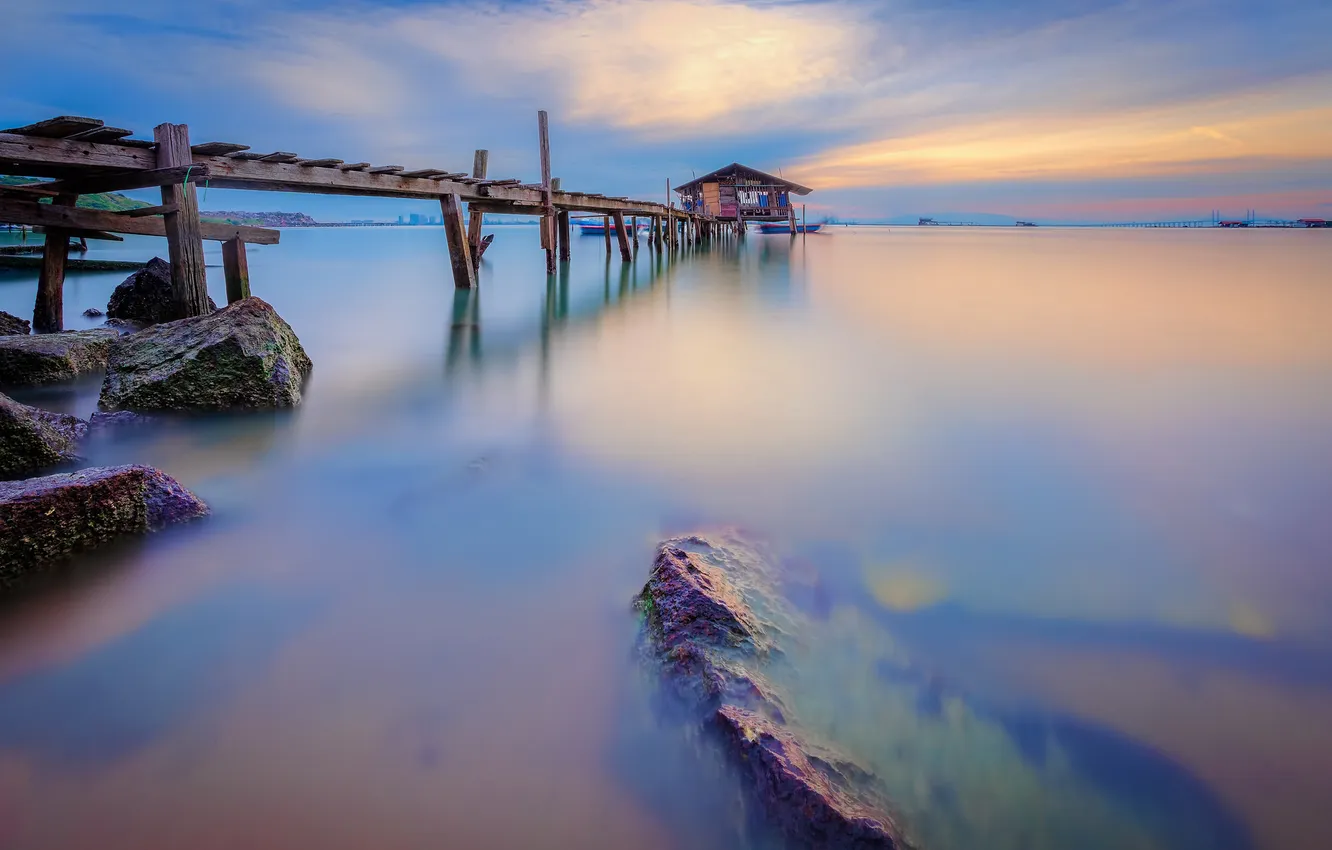 Photo wallpaper sea, the sky, clouds, sunset, boat, the evening, pier, pierce