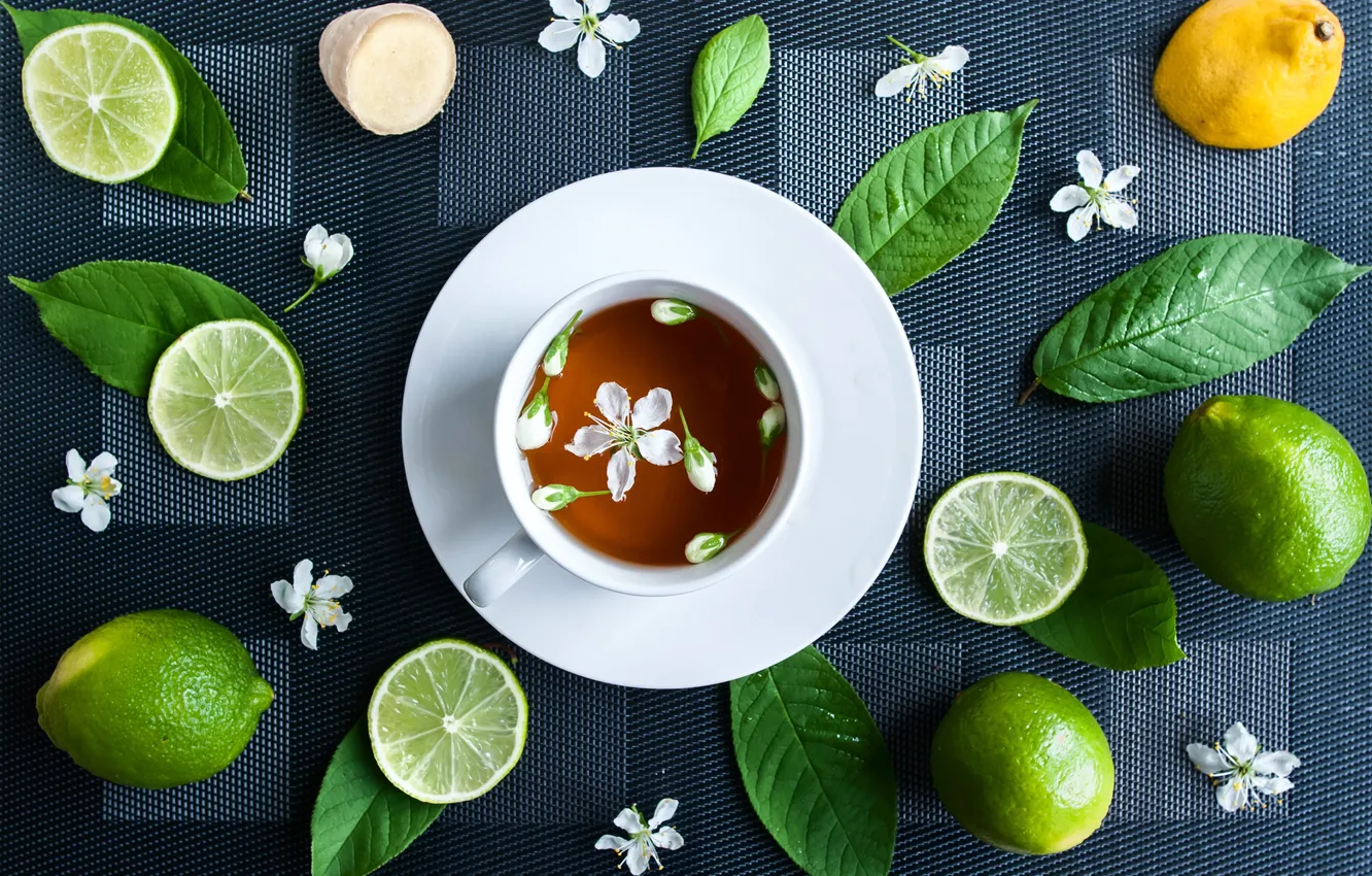 Photo wallpaper flower, lemon, tea, Cup, lime