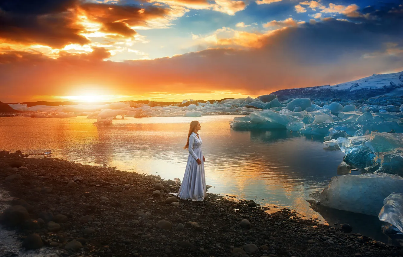 Photo wallpaper ice, morning, mountains, winter, long-haired, dress, glacier, nature