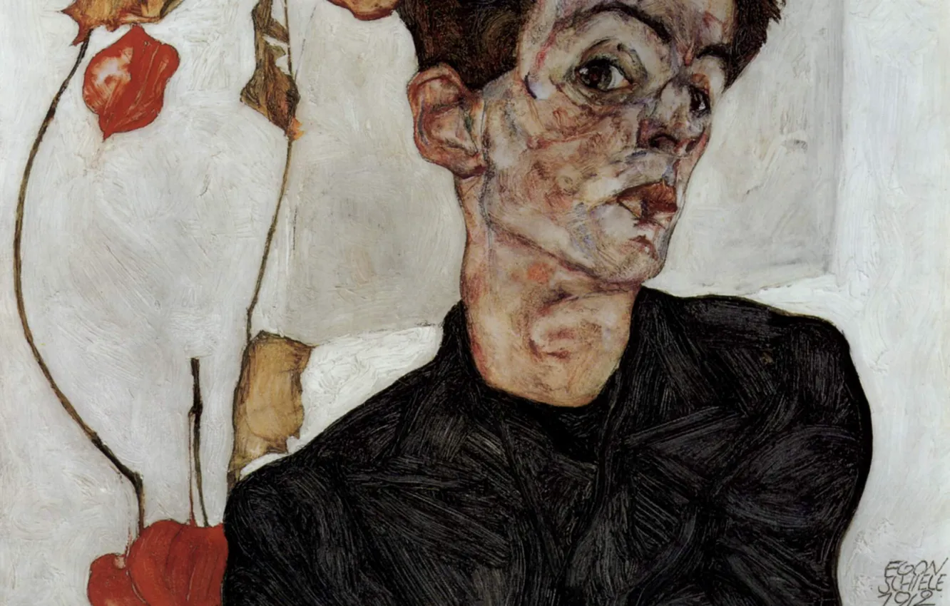 Photo wallpaper self portrait, Egon Schiele, with flowers lanterns