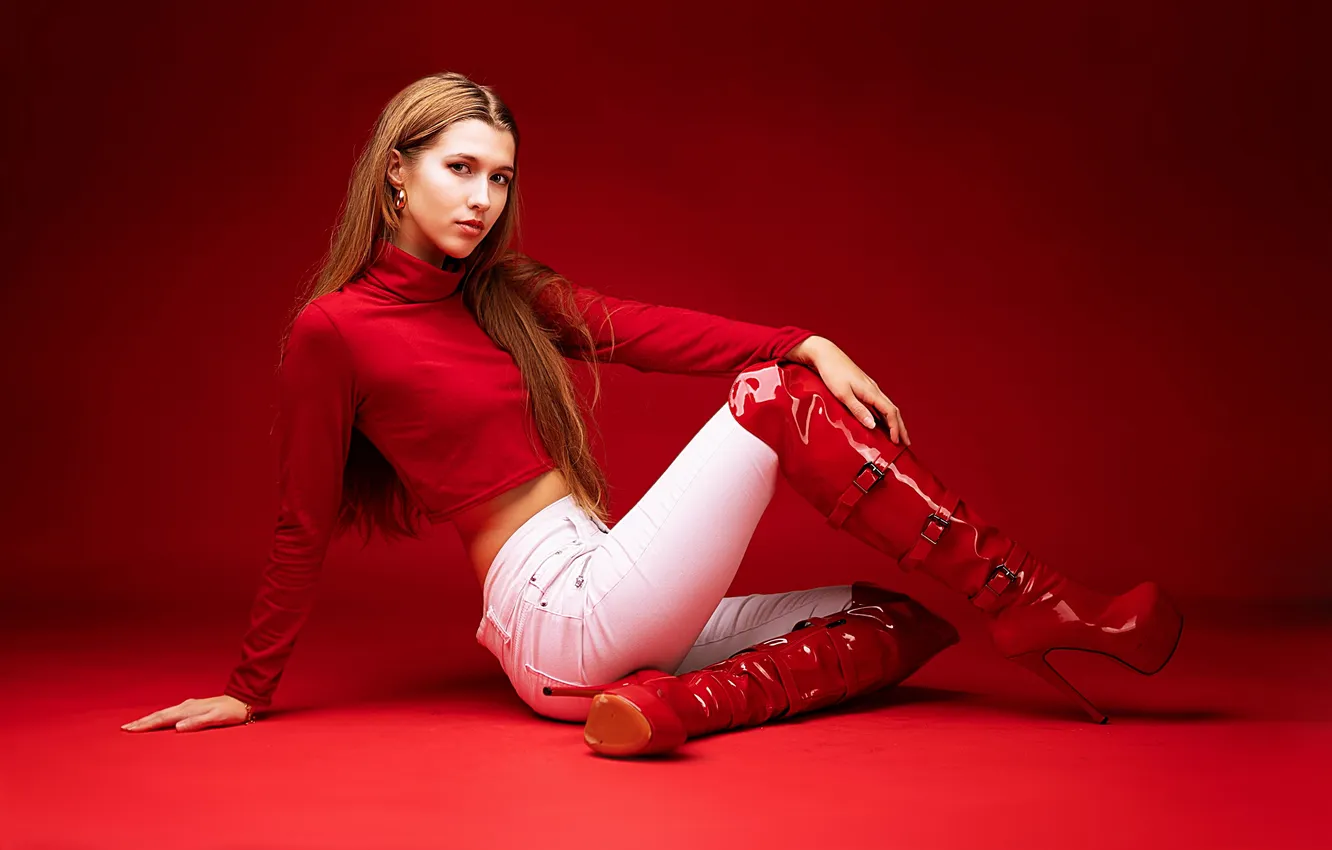Photo wallpaper girl, beautiful, model, redhead, boots, long-haired