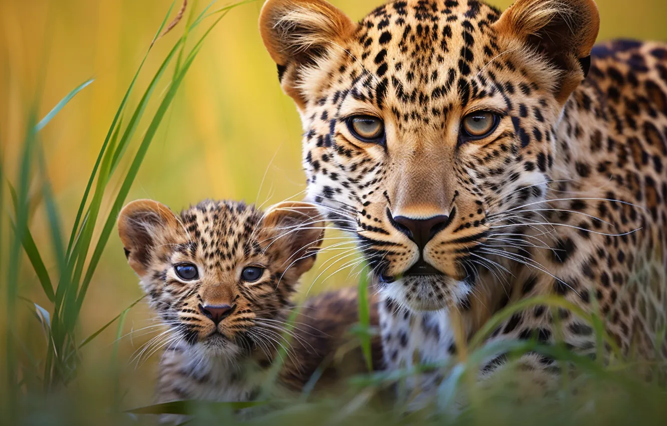Photo wallpaper look, nature, pose, leopard, cub, kitty, face, mother