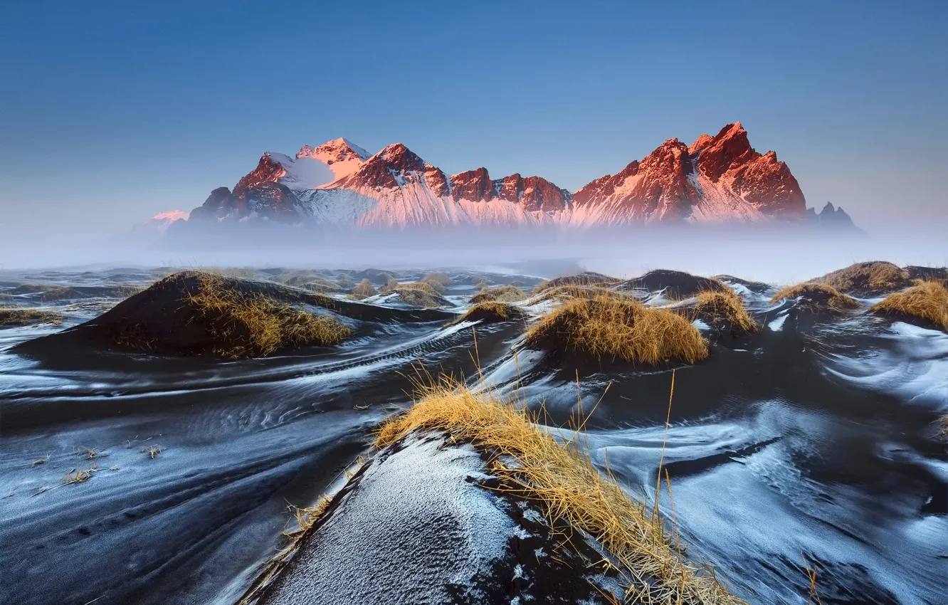 Photo wallpaper the sky, grass, mountains, fog, morning, haze, Iceland, Vestrahorn