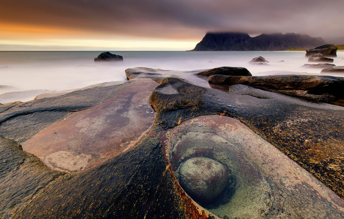 Photo wallpaper sea, clouds, stones, rocks, shore, color, dal, horizon