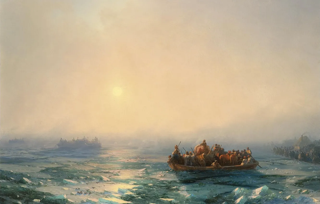 Photo wallpaper boat, picture, Ivan Aivazovsky, 1872, The ice on the river