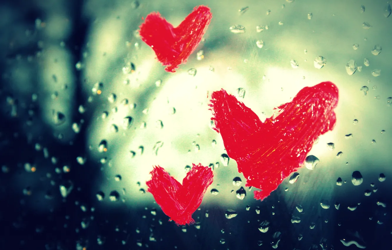 Photo wallpaper glass, drops, macro, love, rain, heart, window, hearts