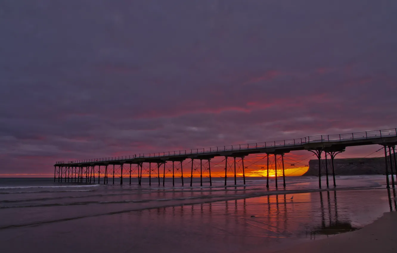 Photo wallpaper sea, landscape, sunset, bridge