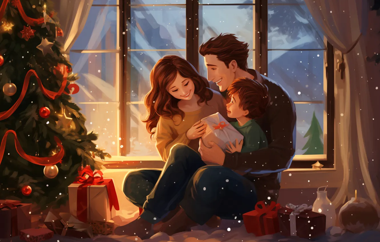 Photo wallpaper girl, joy, children, smile, gift, tree, new year, family