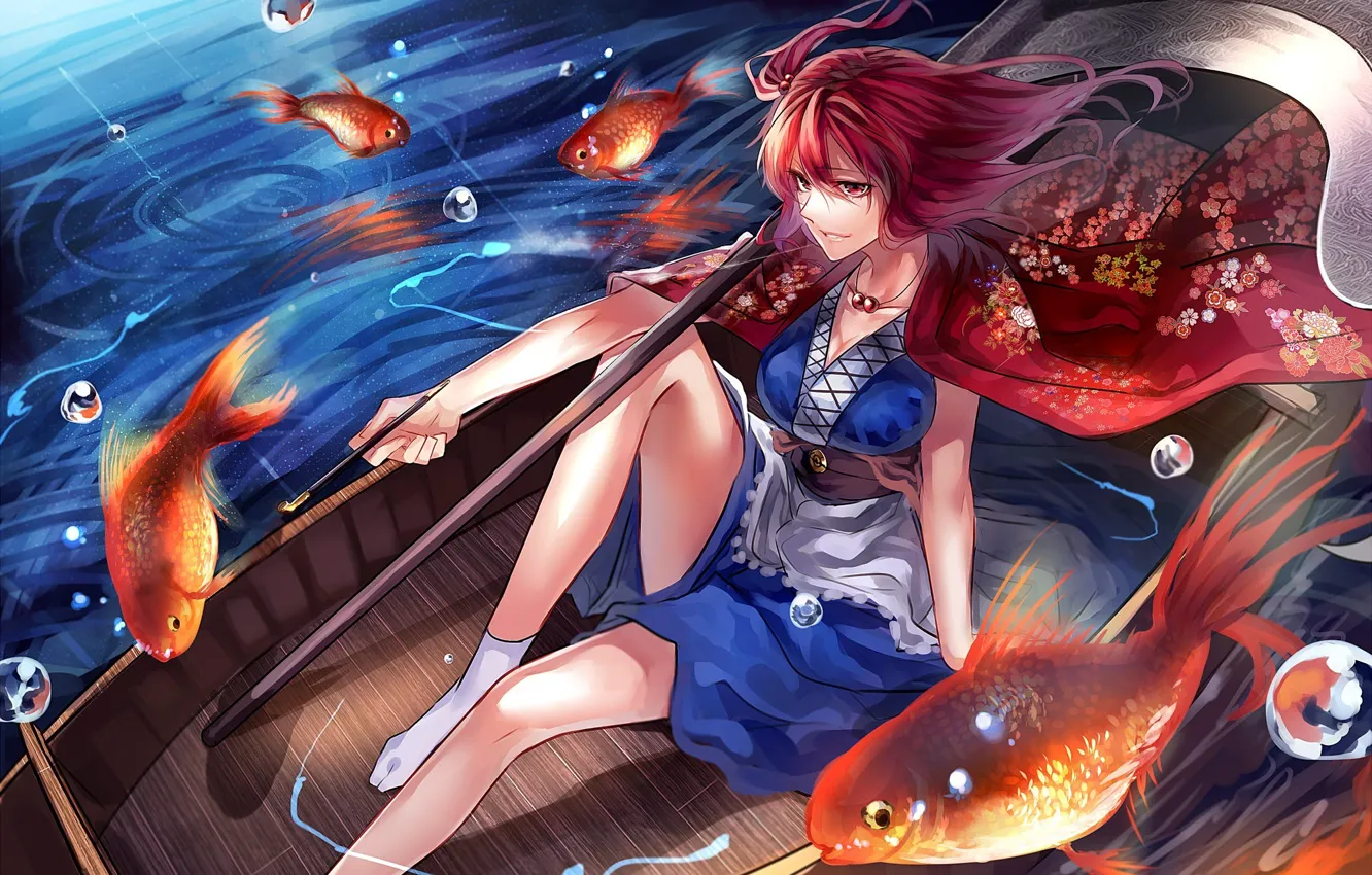 Photo wallpaper girl, river, anime, painting, fish, Touhou, boat, redheaded