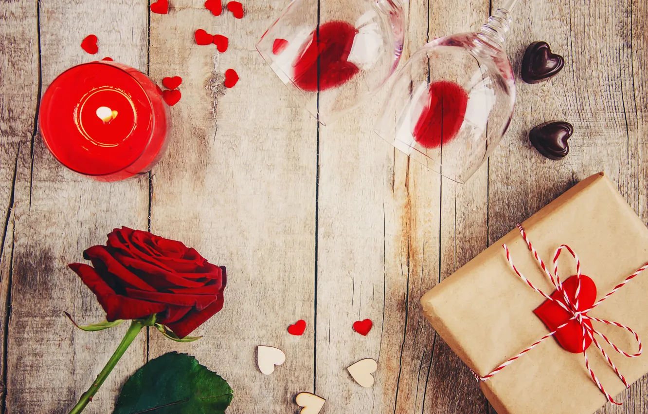 Photo wallpaper gift, roses, candle, petals, heart