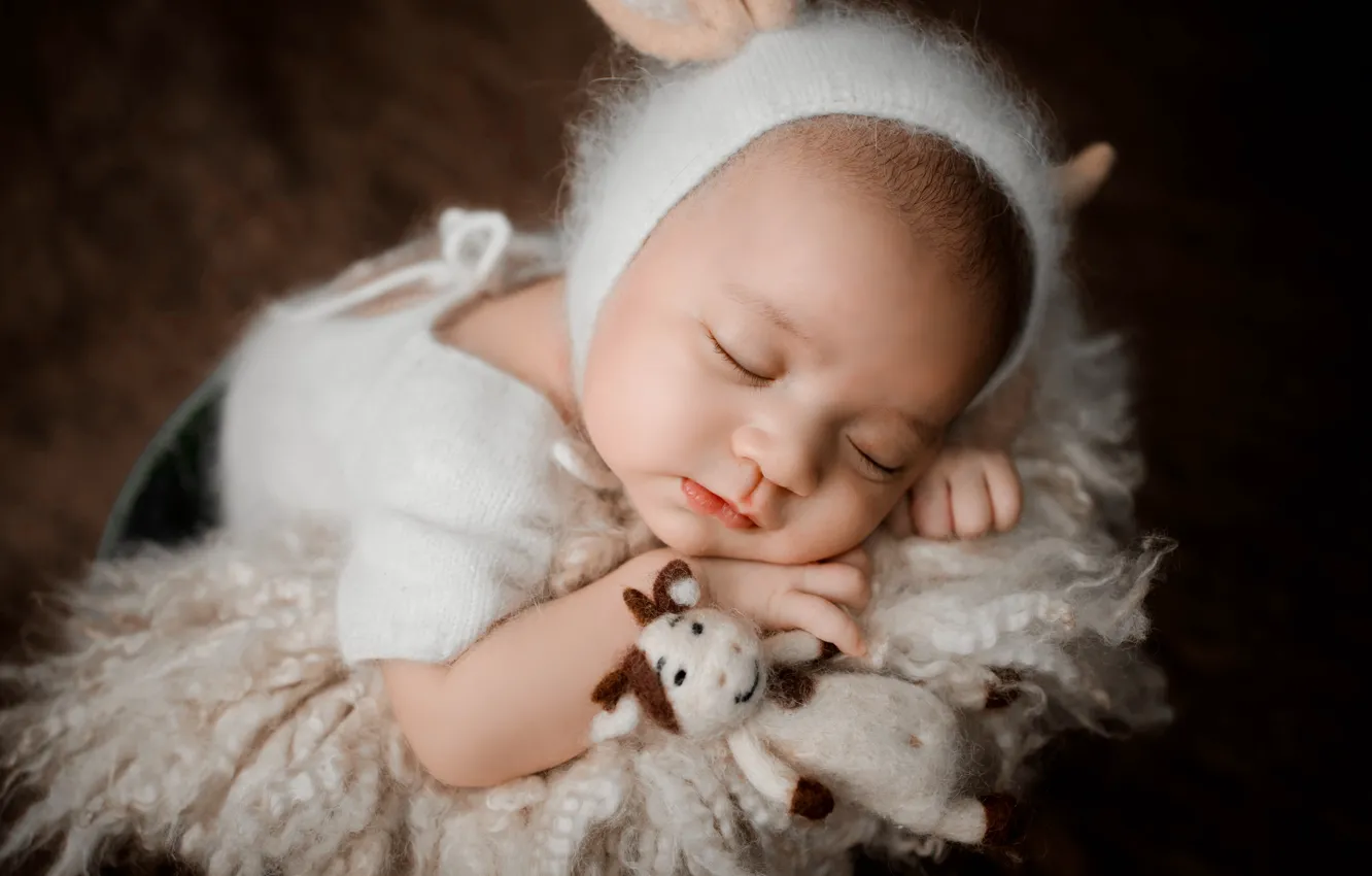 Photo wallpaper close-up, pose, the dark background, background, toy, child, sleep, cow