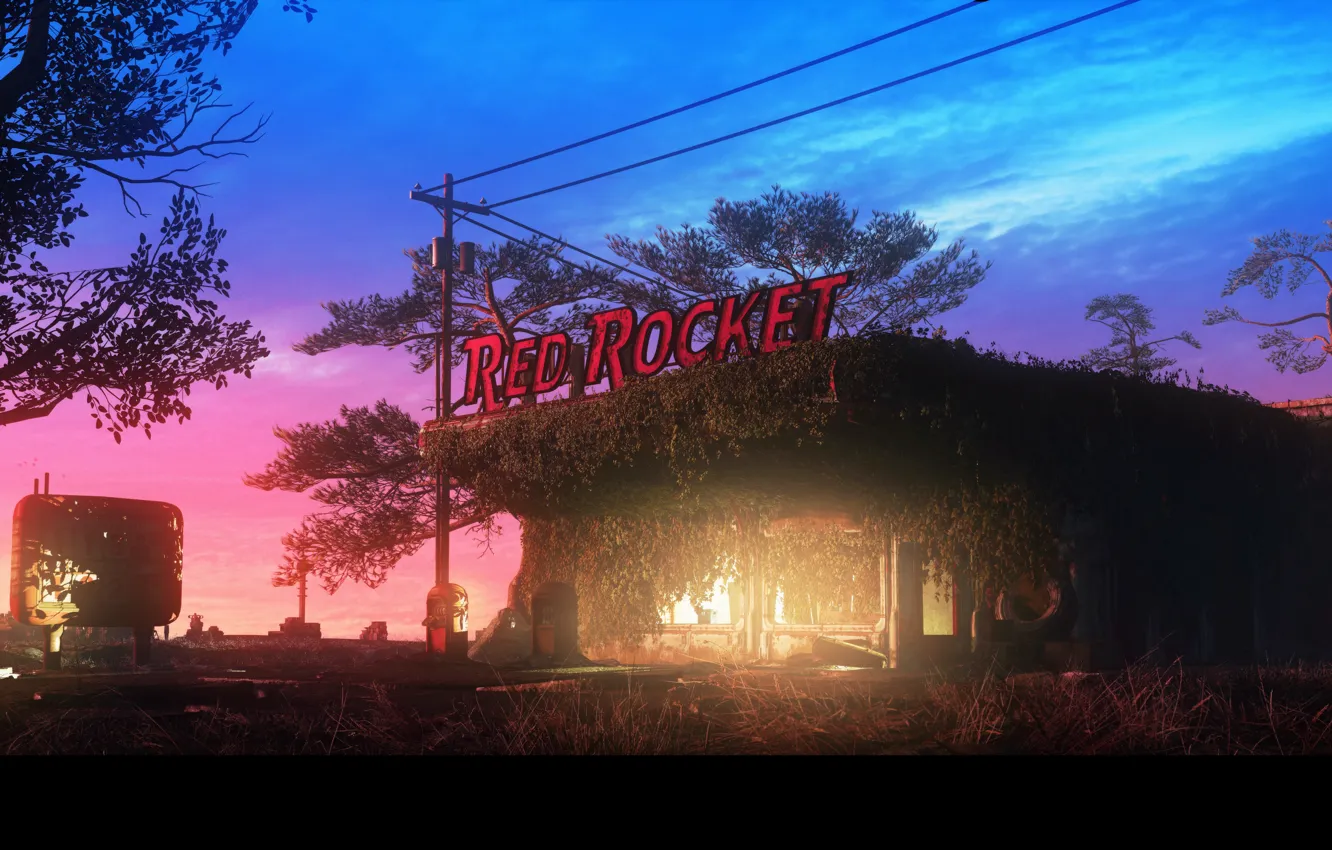 Photo wallpaper trees, glow, structure, desolation, Red Rocket