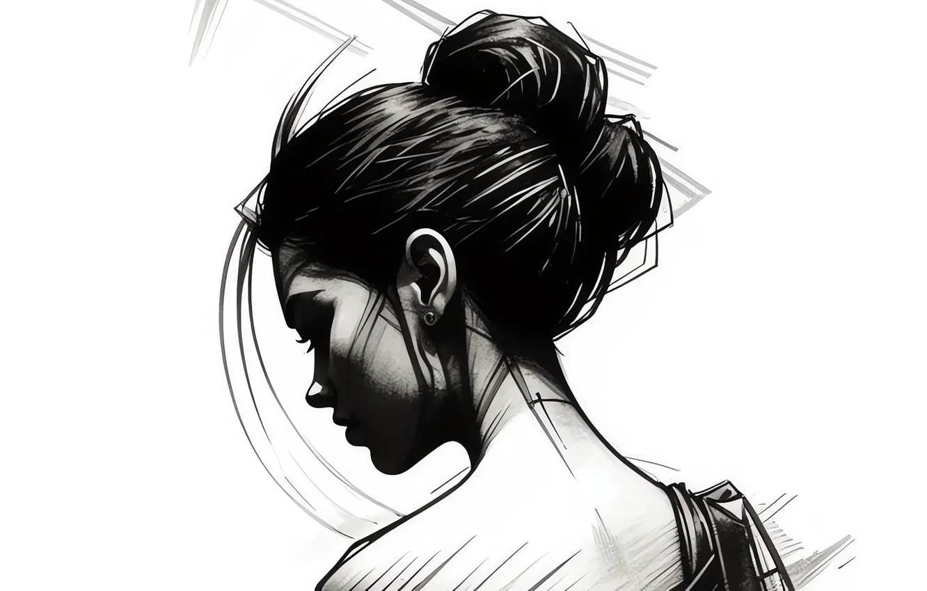 Photo wallpaper girls, hair, black and white, drawing, Minimalism, portrait, backwards, free photo