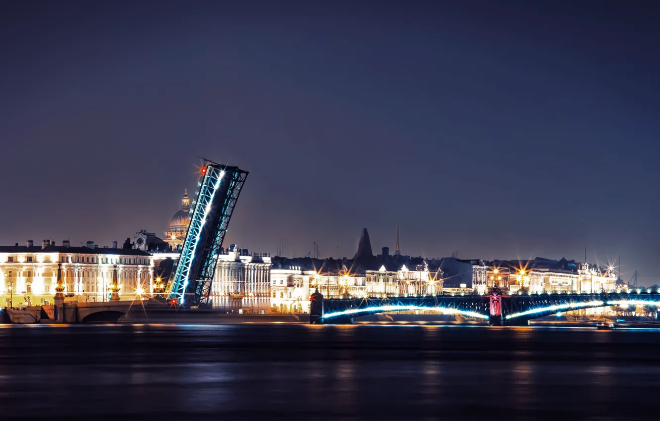 Photo wallpaper night, bridge, lights, river, Russia, promenade, Peter, Saint Petersburg