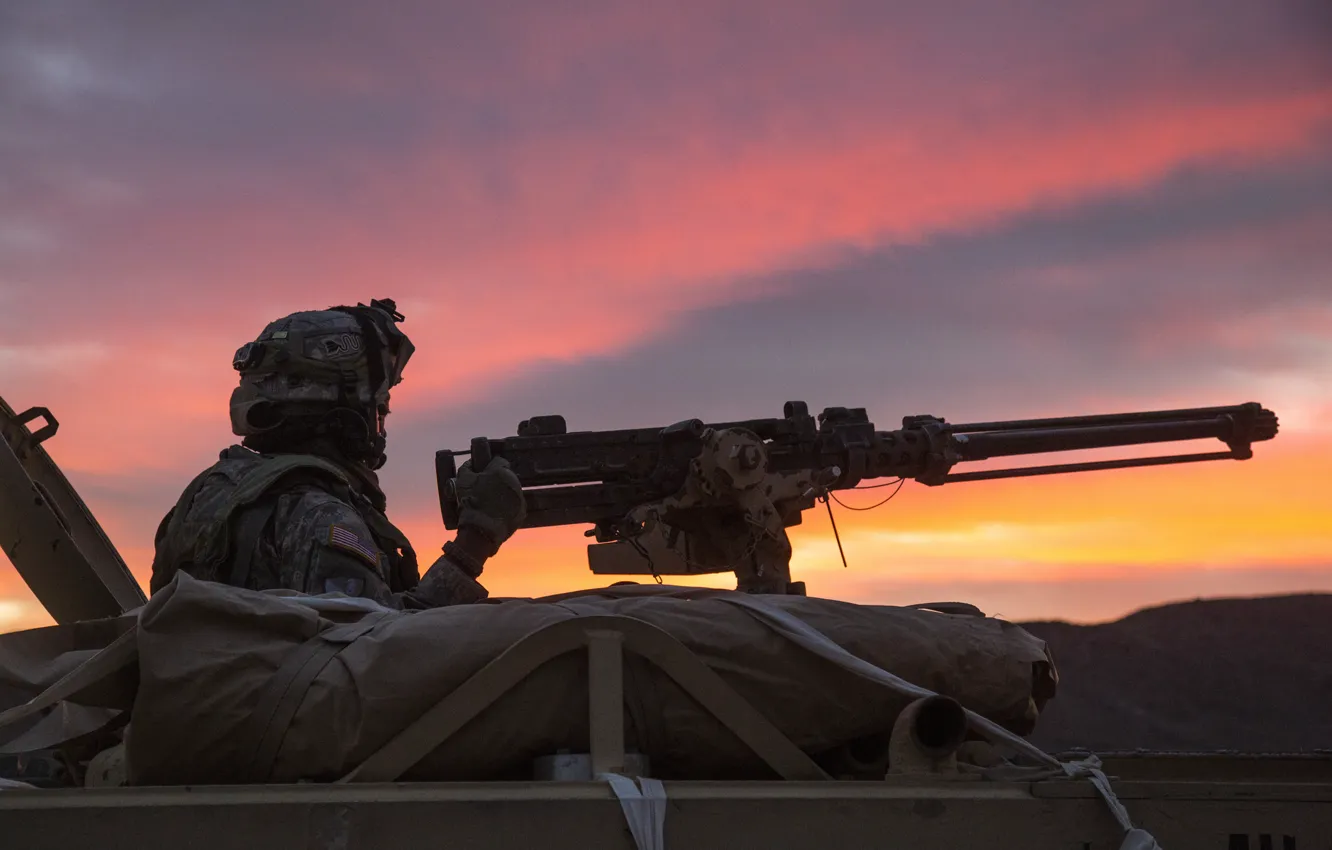 Photo wallpaper sunset, weapons, soldiers, machine gun