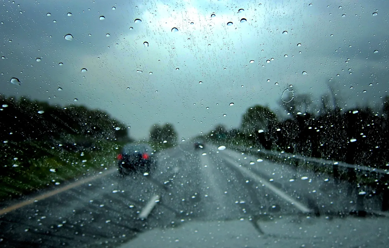 Photo wallpaper road, glass, drops, macro, machine, rain, the hood