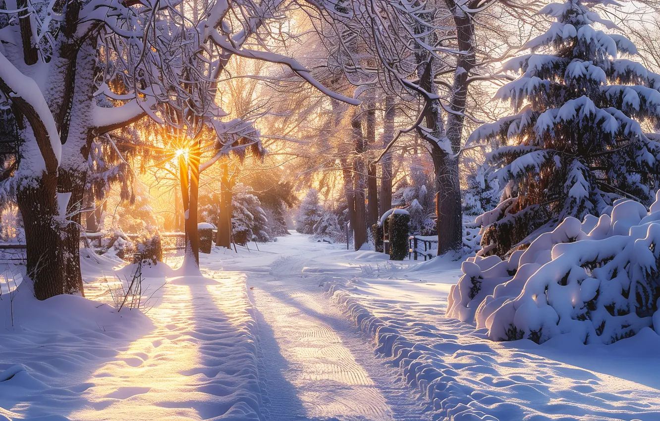 Photo wallpaper winter, frost, road, forest, the sun, rays, light, snow