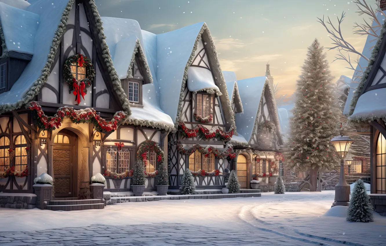 Photo wallpaper winter, snow, decoration, night, the city, lights, street, tree