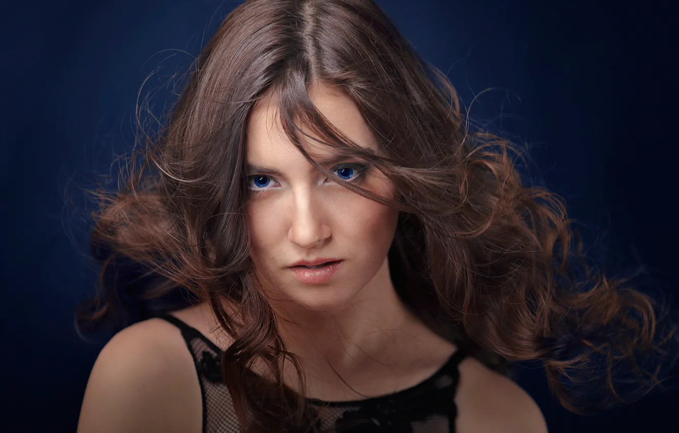 Photo wallpaper look, face, background, hair, portrait, blue eyes, curls, Elina Sufyanova