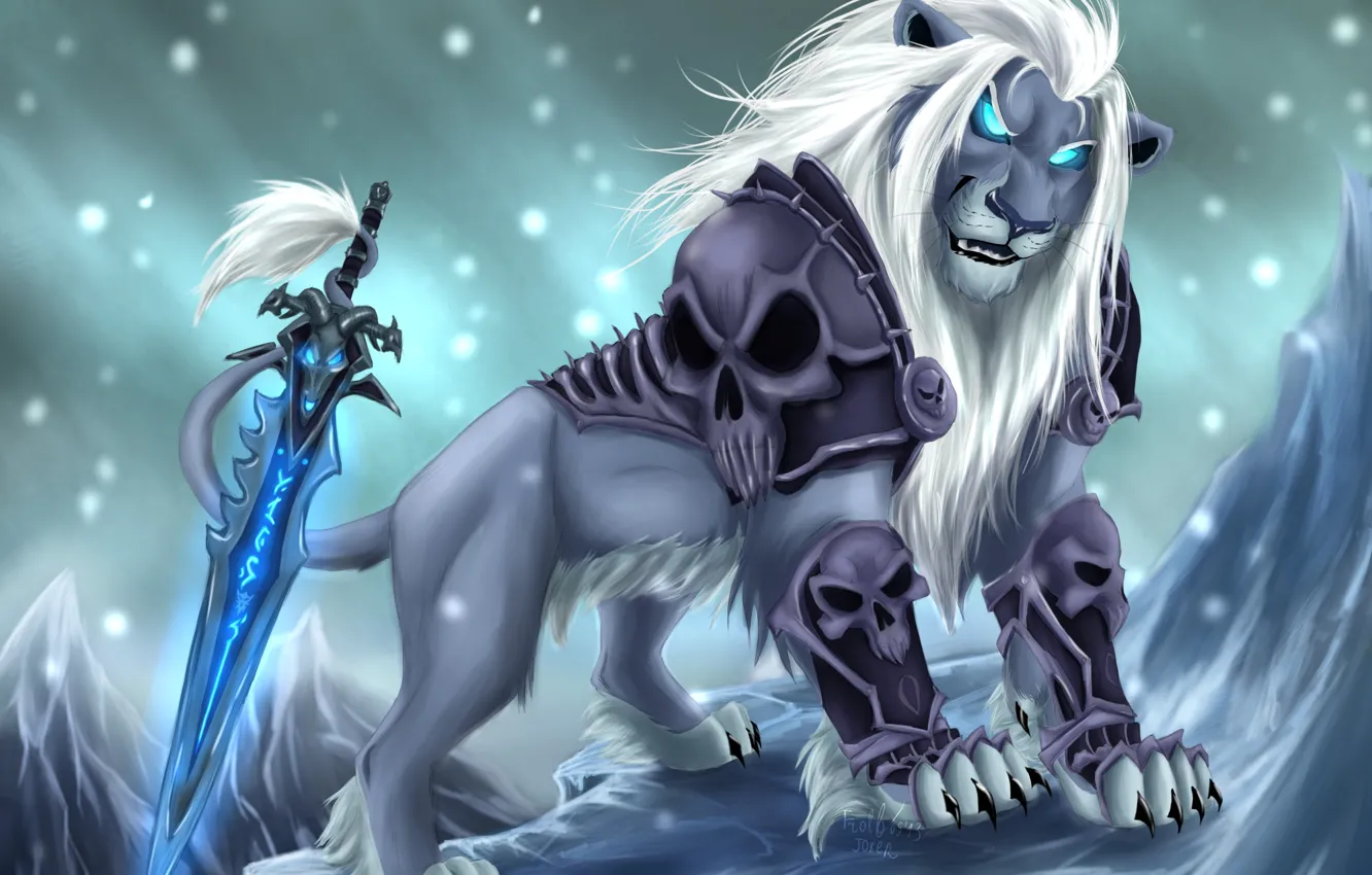 Photo wallpaper cold, look, snow, weapons, magic, skull, sword, Leo