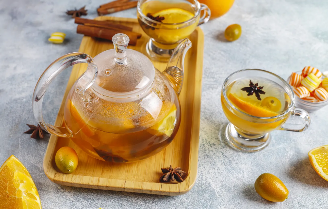 Photo wallpaper glass, table, lemon, tea, orange, candy, the tea party, Cup