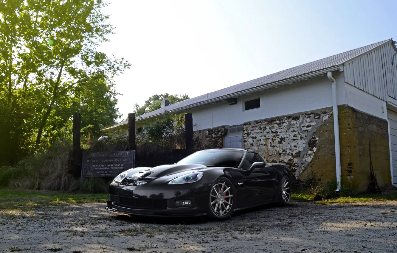 Photo wallpaper wheels, corvette, black, chevrolet, z06, strasse
