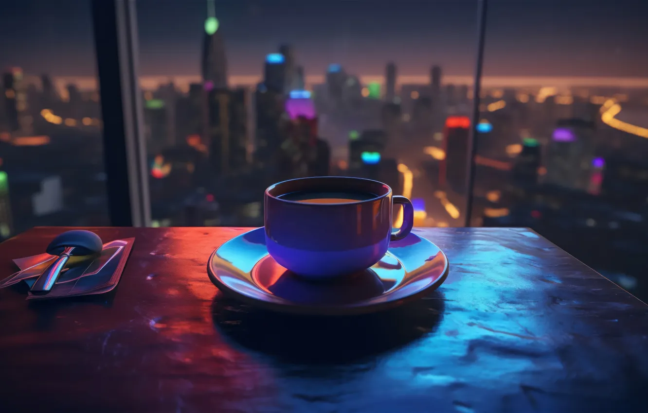 Photo wallpaper Art, Coffee, Cup, Building, Scenery, Window, AI Generated