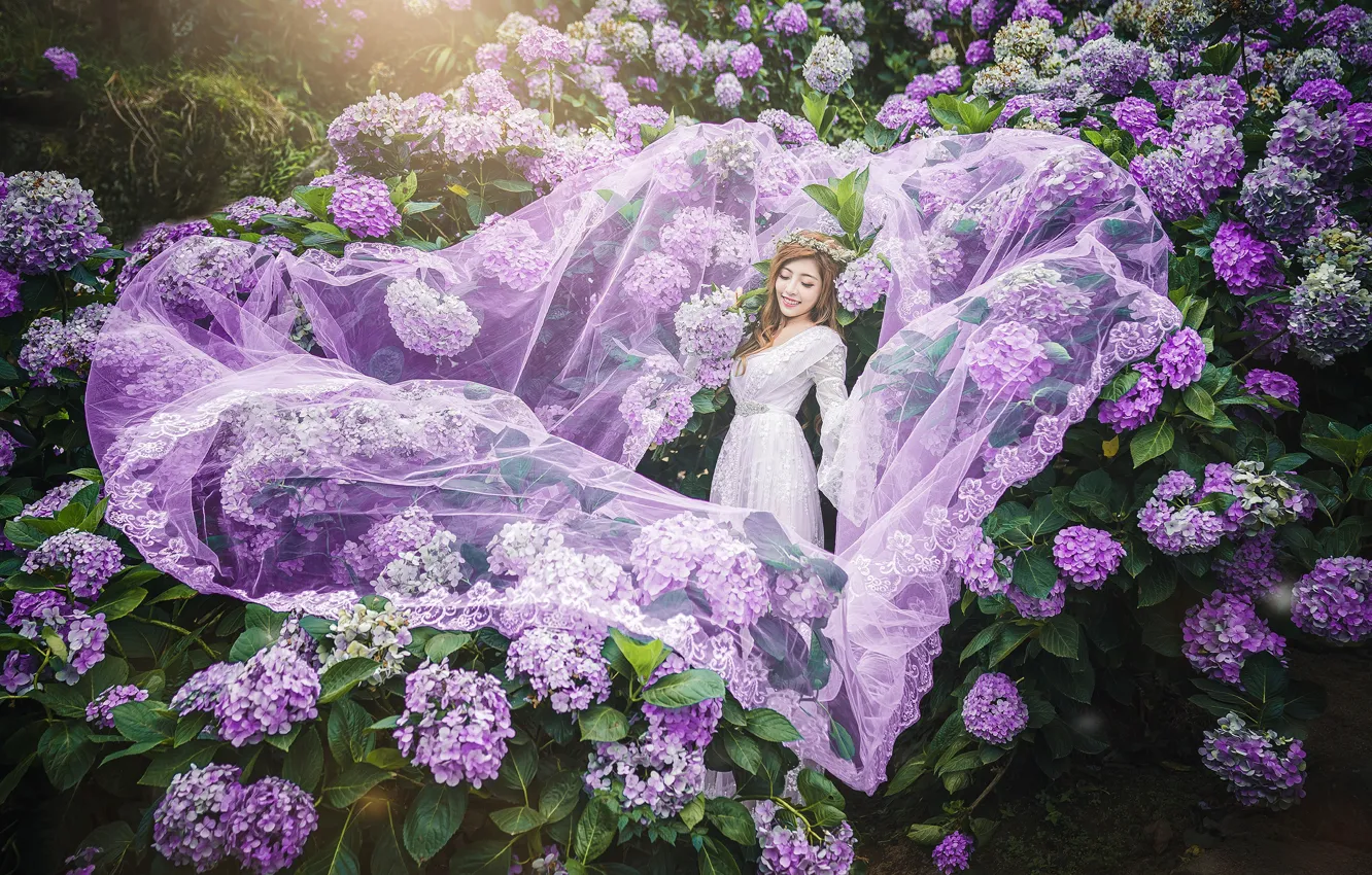 Photo wallpaper summer, girl, light, nature, pose, smile, garden, dress