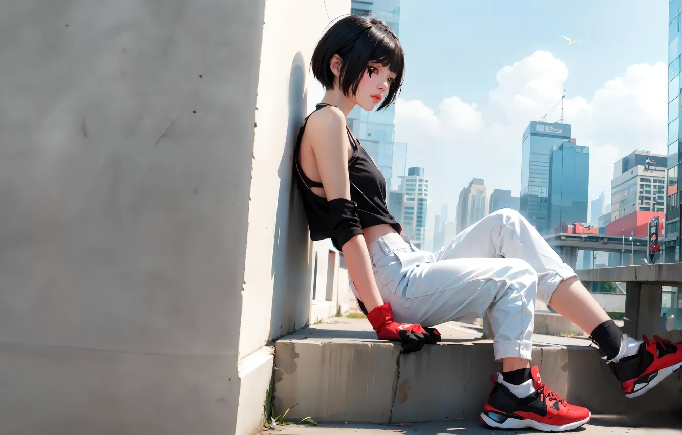 Photo wallpaper city, the city, anime, brunette, girl, girl, Mirror's Edge, anime