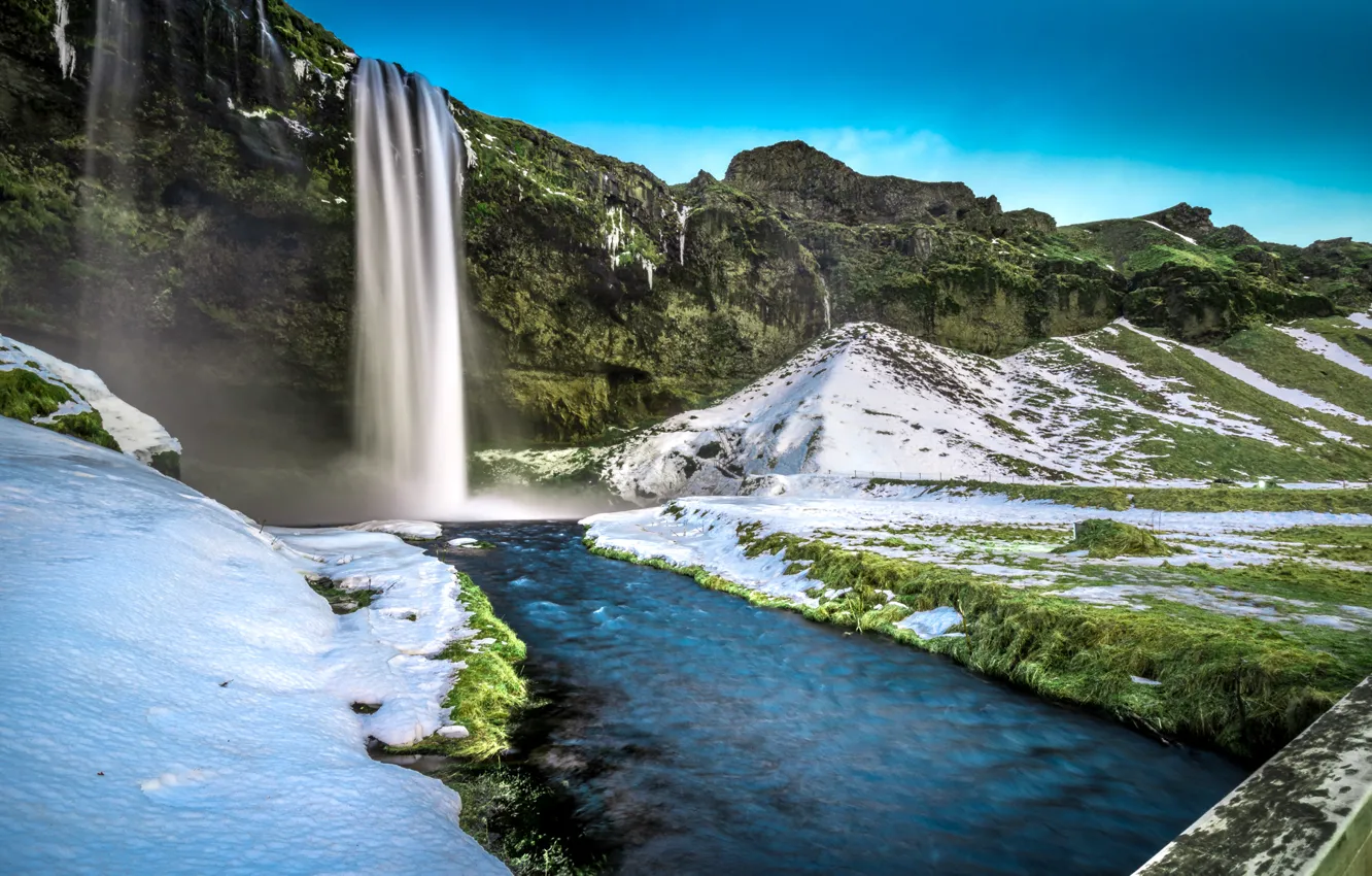 Photo wallpaper grass, snow, bridge, rocks, waterfall, Iceland, Seljalandsfoss Waterfall