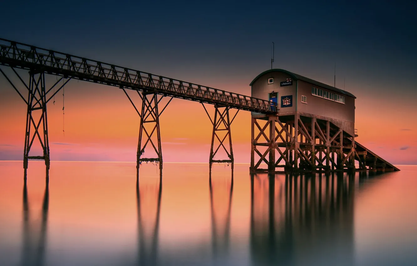 Photo wallpaper sea, pierce, glow, boathouse