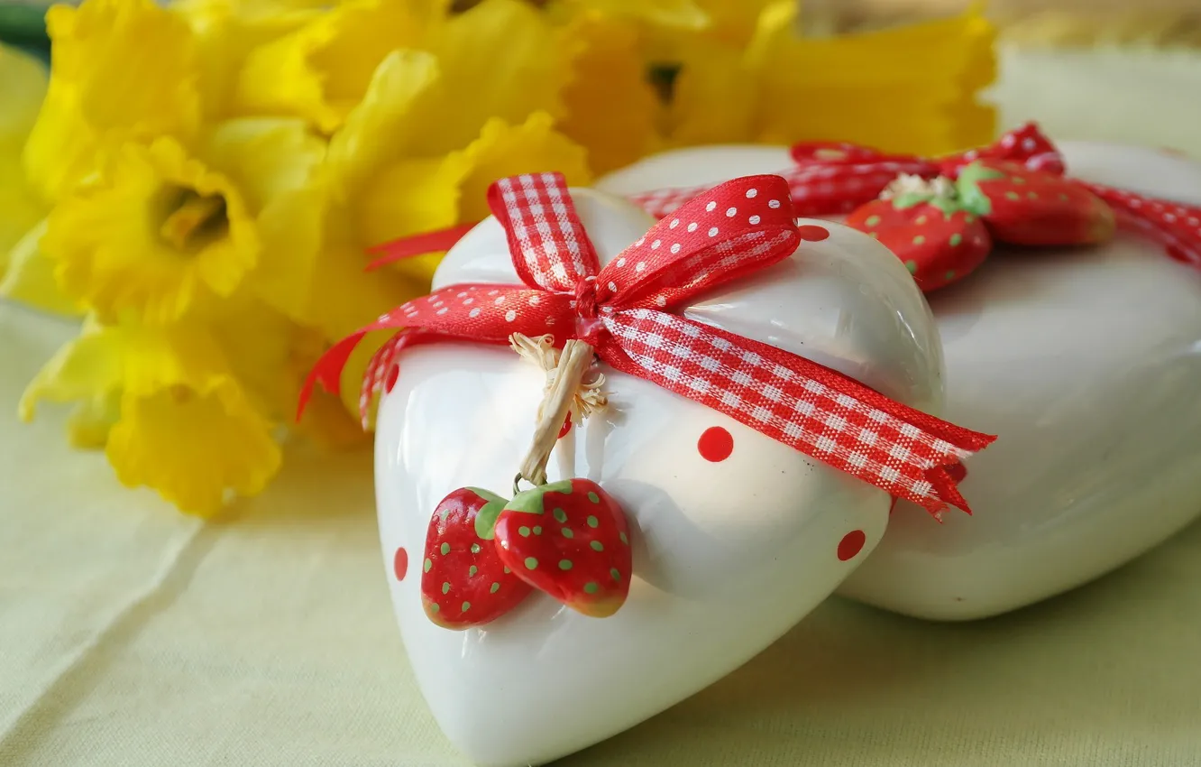 Photo wallpaper flowers, holiday, Valentine's day, daffodils, heart.