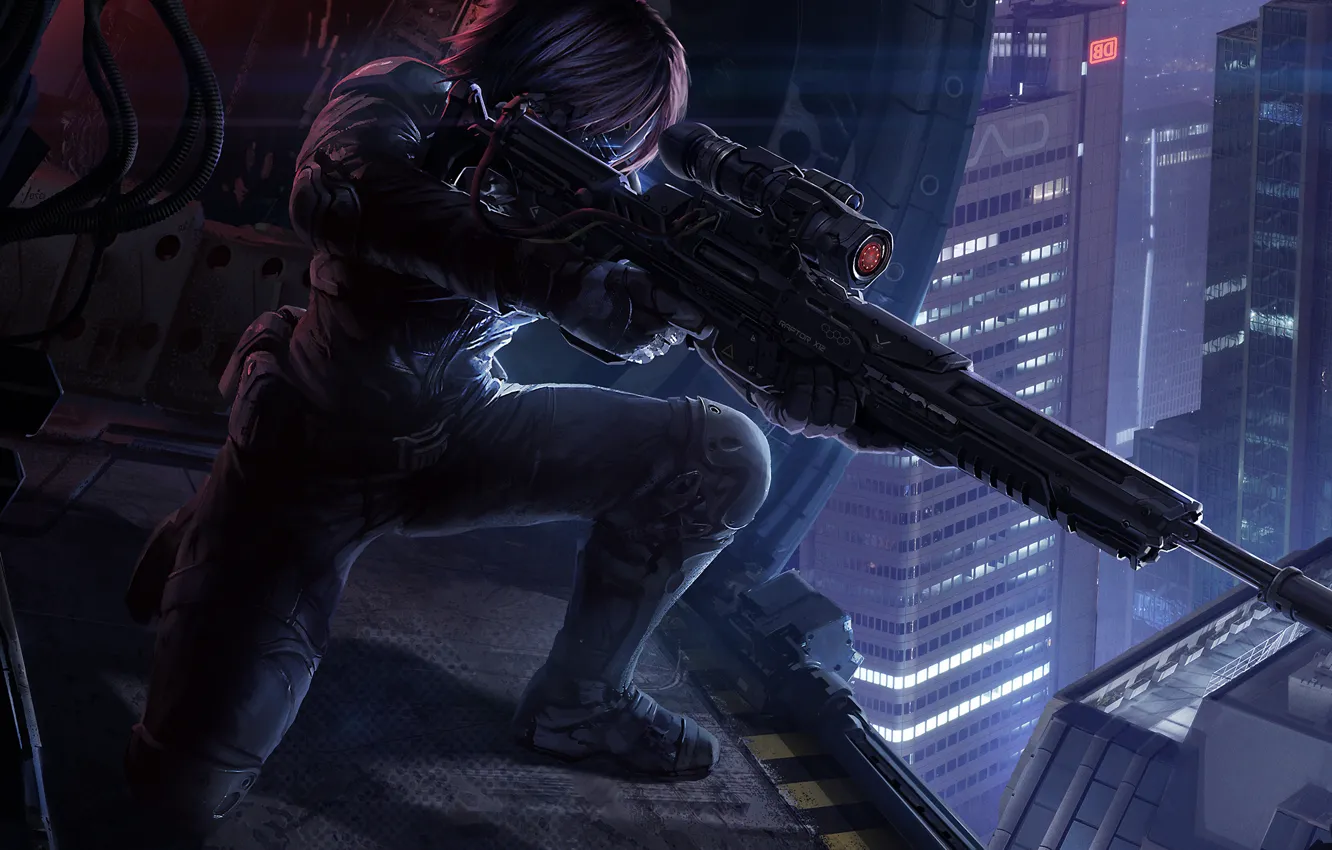 Photo wallpaper night, fiction, helicopter, sniper, cyborg, cyberpunk, sniper rifle