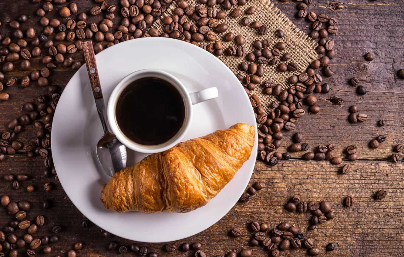 Photo wallpaper table, coffee, spoon, Cup, drink, saucer, grain, croissant