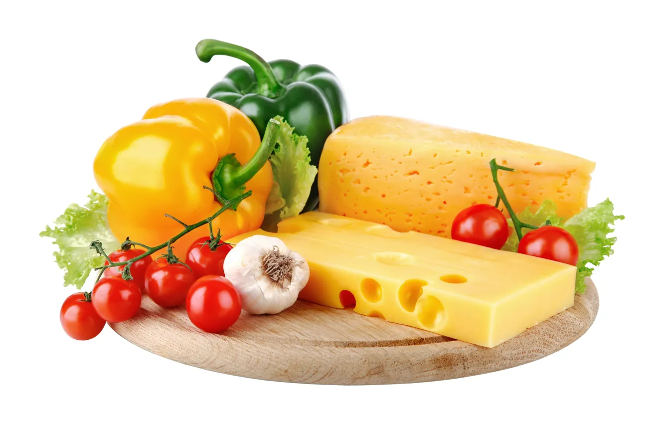 Photo wallpaper cheese, Board, pepper, vegetables, tomatoes