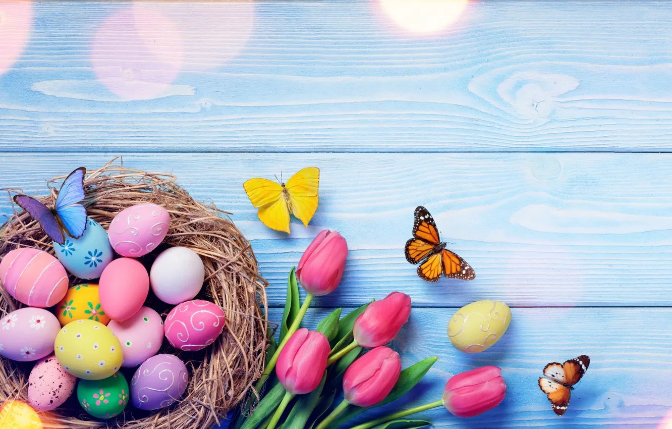 Photo wallpaper flowers, eggs, spring, colorful, Easter, wood, flowers, tulips