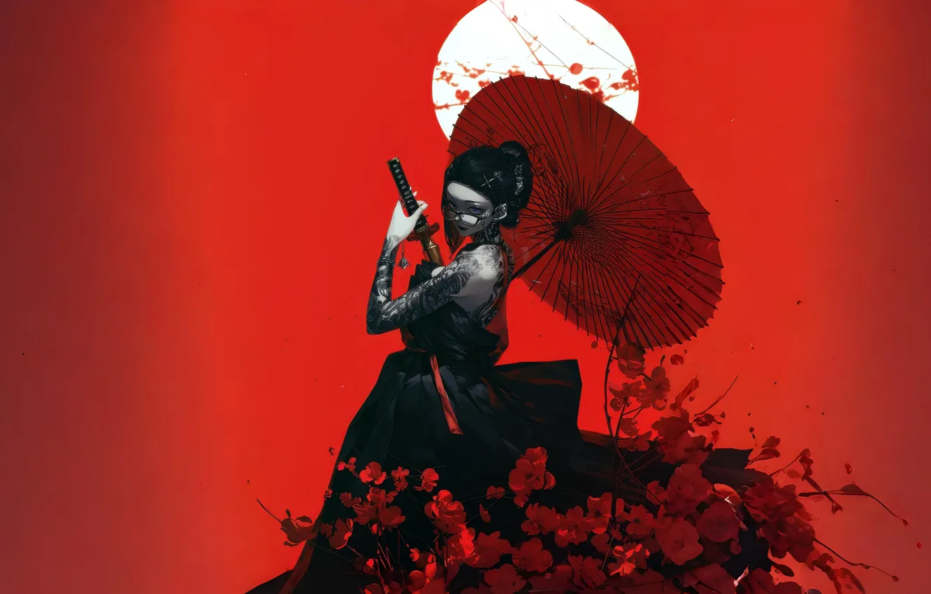 Photo wallpaper black background, white background, simple background, red background, AI art, holding sword, female character
