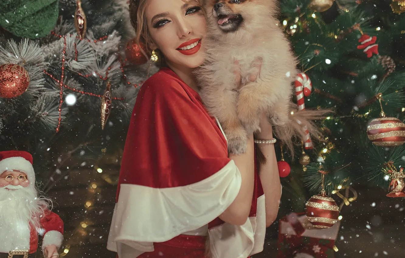 Photo wallpaper girl, decoration, smile, holiday, toy, tree, new year, dog